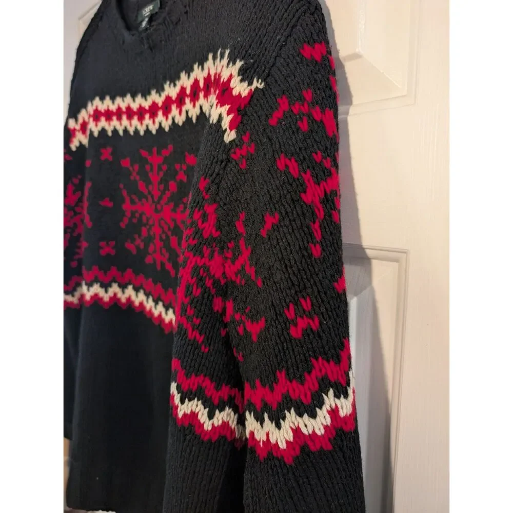 J.Crew Handknit Fair Isle Snowflake Sweater Men's L Black Red Lambswool